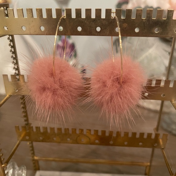 Gold Hoops with Pink Pom - Picture 1 of 4